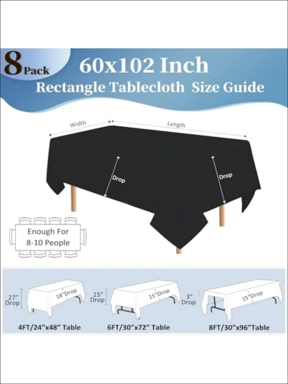 8 Pack 60x102 Inch Polyester Tablecloths for 6 Foot Rectangle Tables Seamless